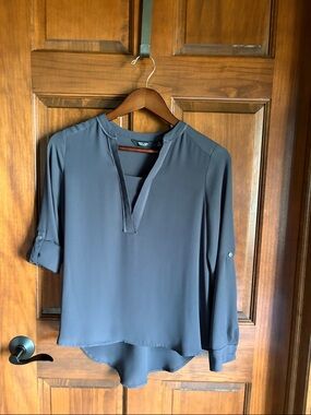 Simply Vera Vera Wang Gray Split V-Neck, High-Low Blouse Women's Petite Small